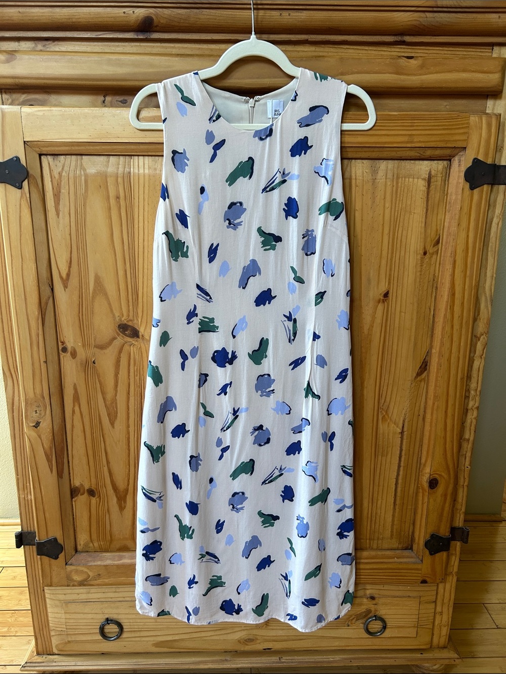 Iris & Ink Dress Sleeveless Ivory Shift Blue & Green Abstract Print 100% Viscose
